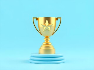 A shiny gold trophy with a star emblem, placed on a white circular pedestal against a soft blue background, symbolizing victory and excellence