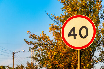 Red and white road sign Traffic sign speed limit Belarus.