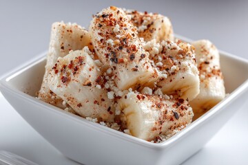 Spicy, cubed bananas in a white bowl
