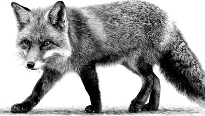 Fox Illustration is a meticulously detailed monochrome illustration that embodies the sleek form and astute gaze of a fox, capturing its very essence