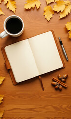 Cozy Autumn Workspace Flatlay with Coffee and Notebook