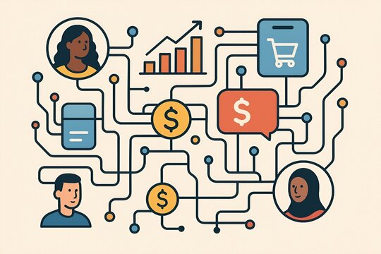 complex circuit networking system that connects various stylized icons and buttons representing market, payment, and people