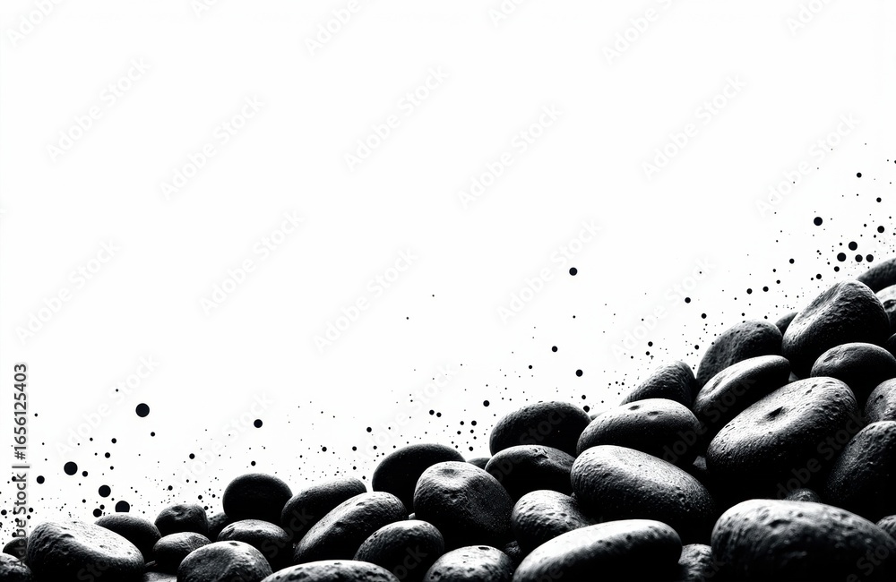 Poster black stones arranged in a row with splattered ink or paint effects on a white background creating a
