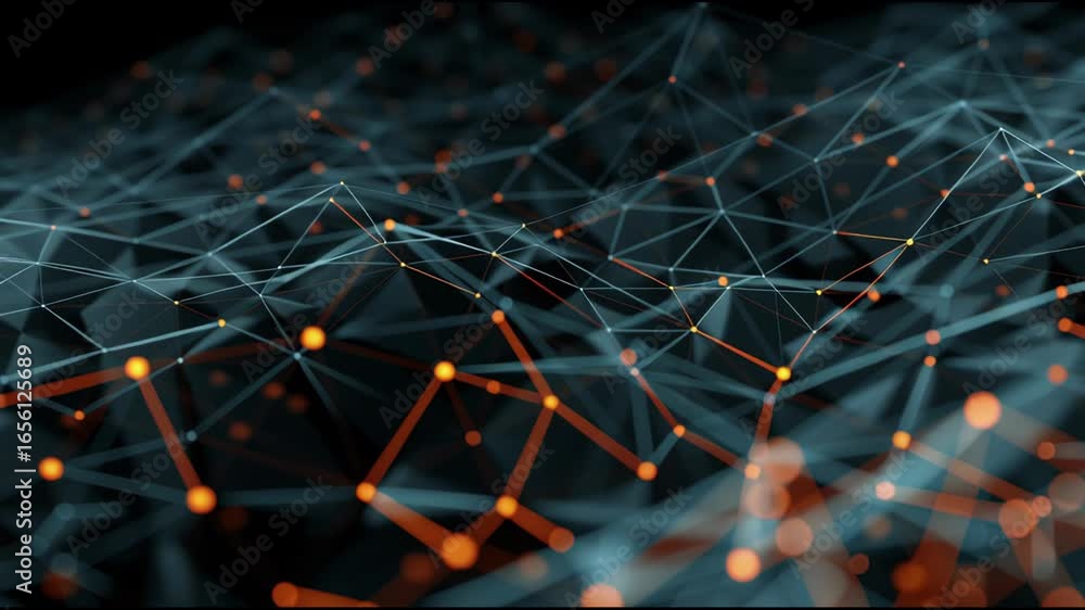 Aufkleber flowing digital landscape of glowing orange nodes and interconnected plexus network.