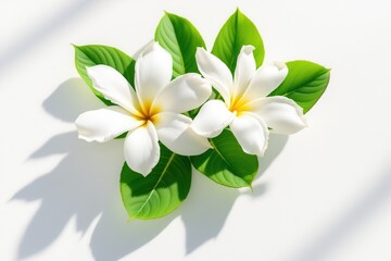 Fototapeta premium Two jasmine blossoms on white background with soft shadows