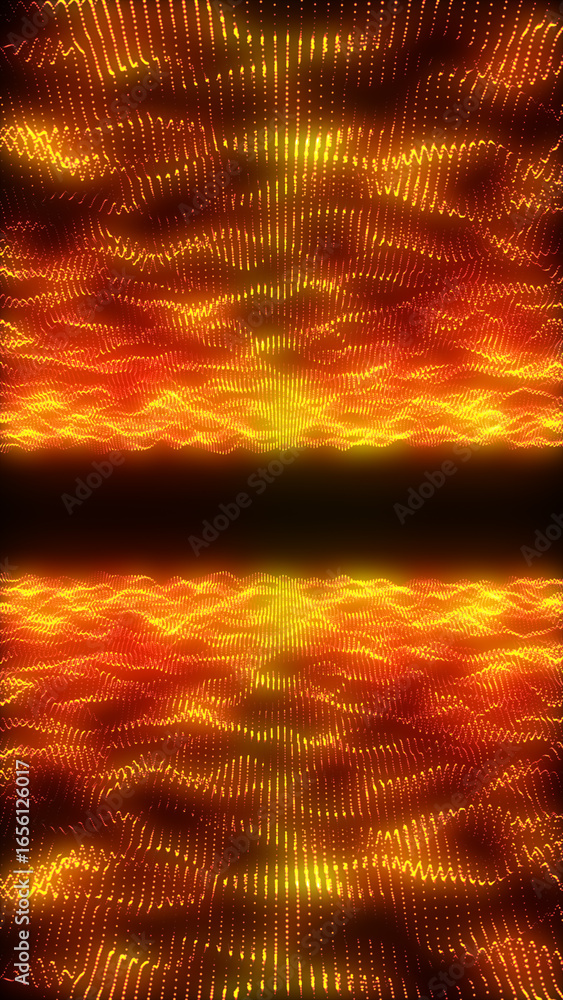 Poster abstract glowing waves of orange and yellow particles forming symmetrical digital patterns