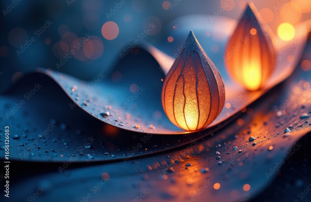 Poster warm glowing paper lanterns resting on a textured surface with water droplets and bokeh lights in th