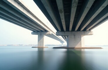 A large bridge spans over calm water with a clear sky in the background