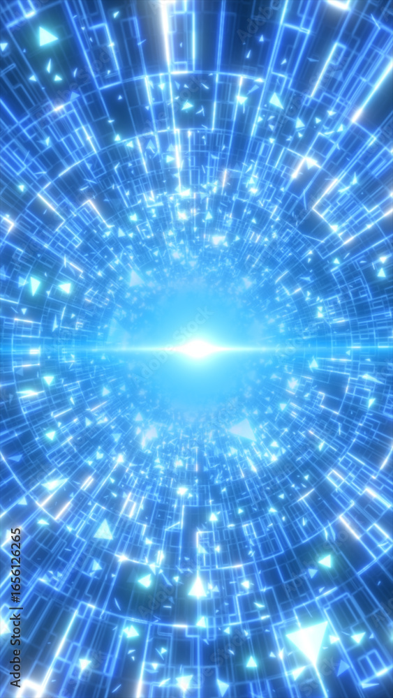 Poster radiating tunnel of glowing blue circuitry patterns with light shards, evoking futuristic digital po