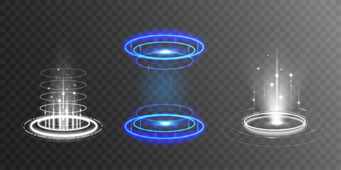 Virtual abstract futuristic portal hologram round circle square cyber realistic vector illustration set tech game laboratory