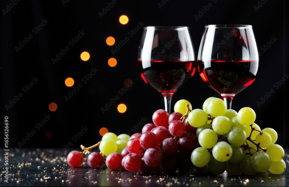 Poster two glasses of red wine with green and red grapes on a dark background with bokeh lights