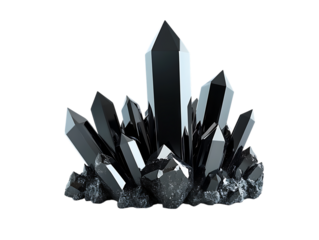 Cluster of dark smoky quartz crystals with sharp points isolated on transparent background
