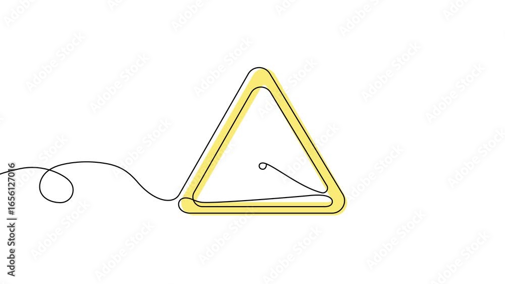 Poster animation of a single line drawing of a warning sign. continuous contour movement of a warning sign.