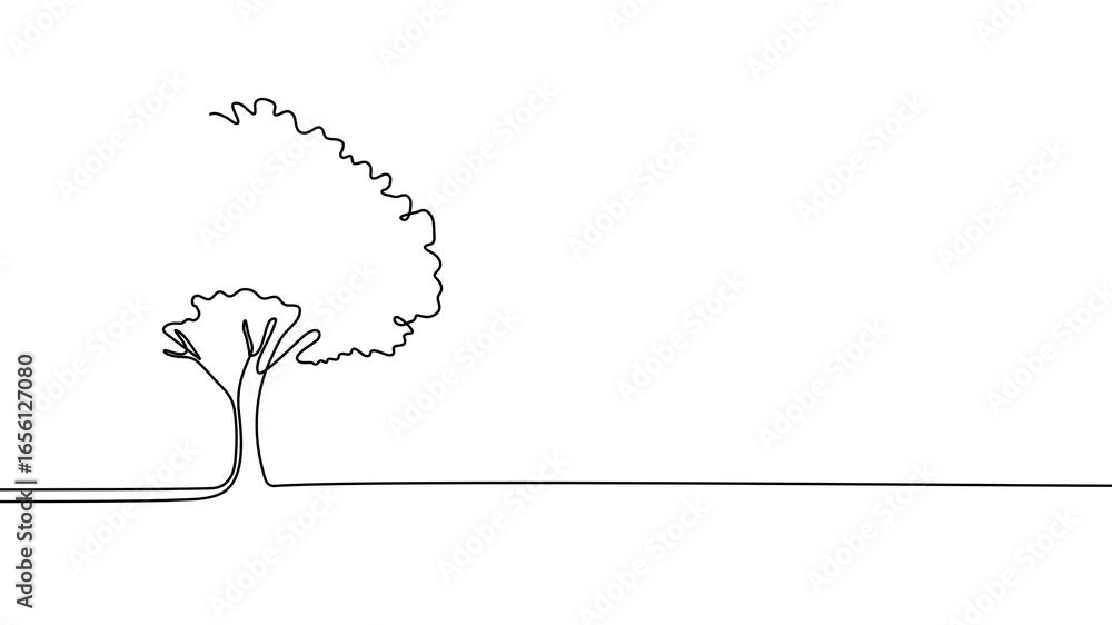 Poster animation of a single line drawing of a tree. continuous contour movement of a tree. continuous vide