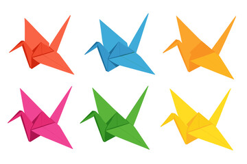 Fototapeta premium Colorful origami cranes in six vibrant colors on white background folded origami cranes
