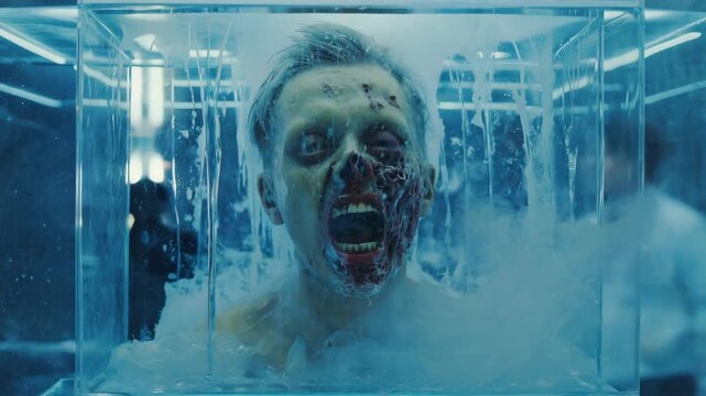 Scientists are conducting a cryogenic experiment on a screaming zombie head trapped inside a transparent container, exploring themes of horror, science fiction, and medical research