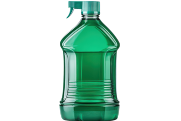 Green liquid in a clear plastic spray bottle isolated on transparent background. Green detergent bottle with flip top cap isolated on white background.