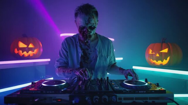 Scary male dj with bloody makeup playing music on a mixing console at a halloween party, with two glowing pumpkins and neon lights in the background, creating a spooky and festive atmosphere