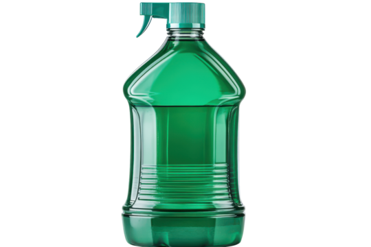 Green liquid in a clear plastic spray bottle isolated on transparent background. Green detergent bottle with flip top cap isolated on white background.