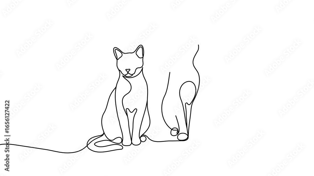 Poster animation of a single line drawing of two cats. continuous contour movement of two cats. continuous 