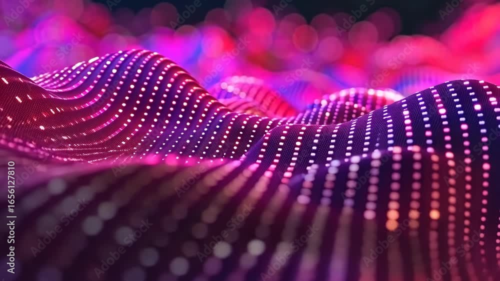 Poster Abstract digital wave pattern glowing with vibrant pink and purple lights creating a connected network structure with soft bokeh background.
