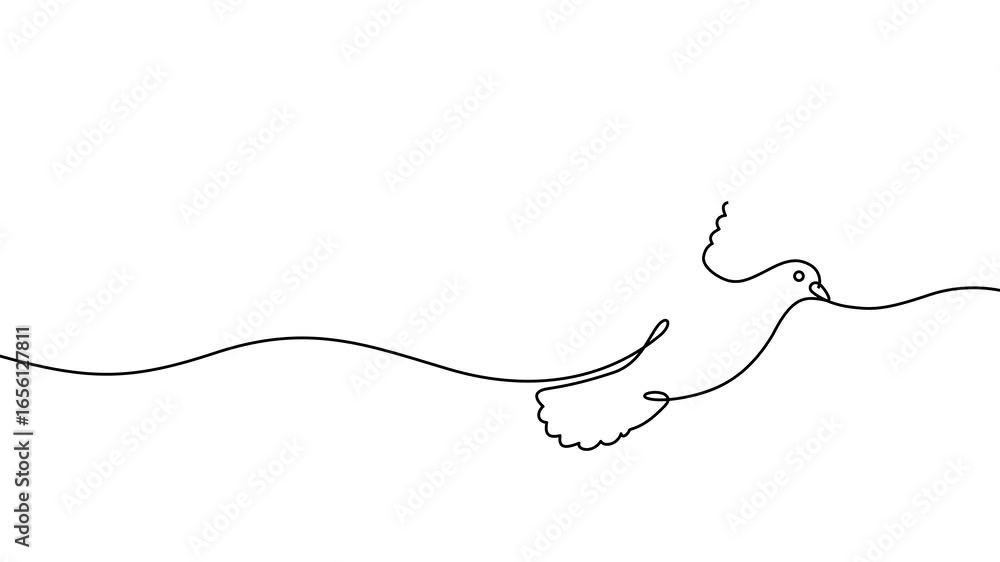 Poster animation of a single line drawing of a dove. continuous contour movement of a dove. continuous vide