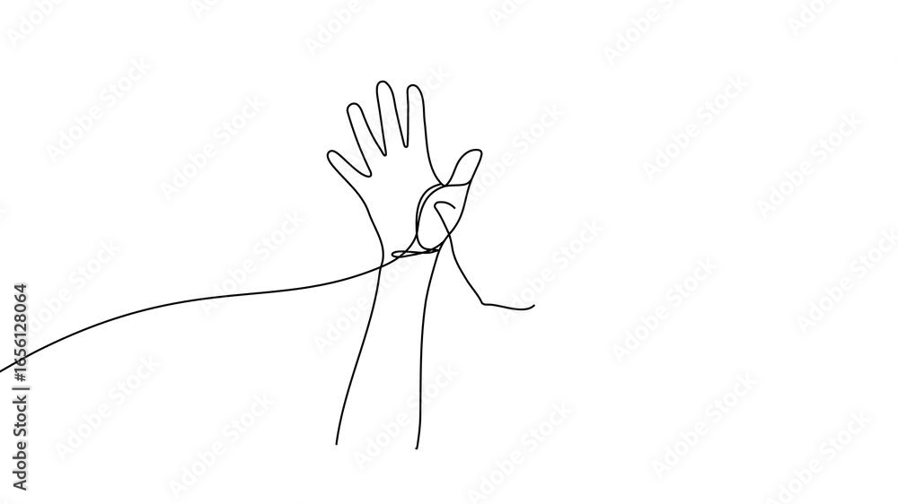 Aufkleber animation of a single line drawing of two raised hands. continuous contour movement of two raised ha