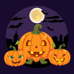 Three happy festive jack-o'-lantern pumpkins a moon and bats at night. Halloween holiday celebration. Vector illustration for greeting card, banner, poster