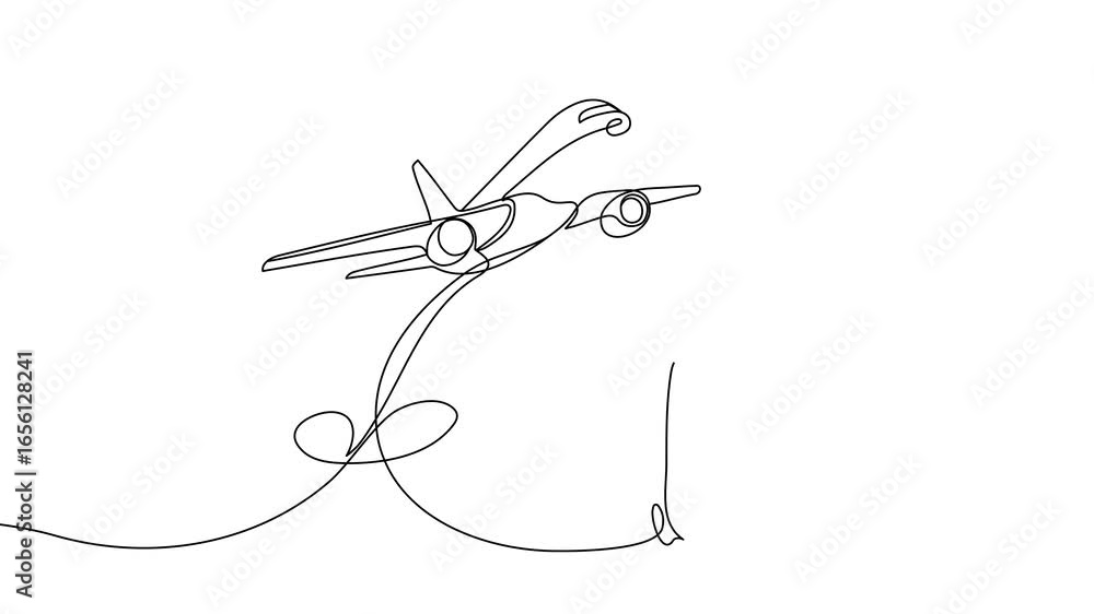 Poster one line animation of a suitcase for travel and an airplane. a suitcase next to an airplane taking o
