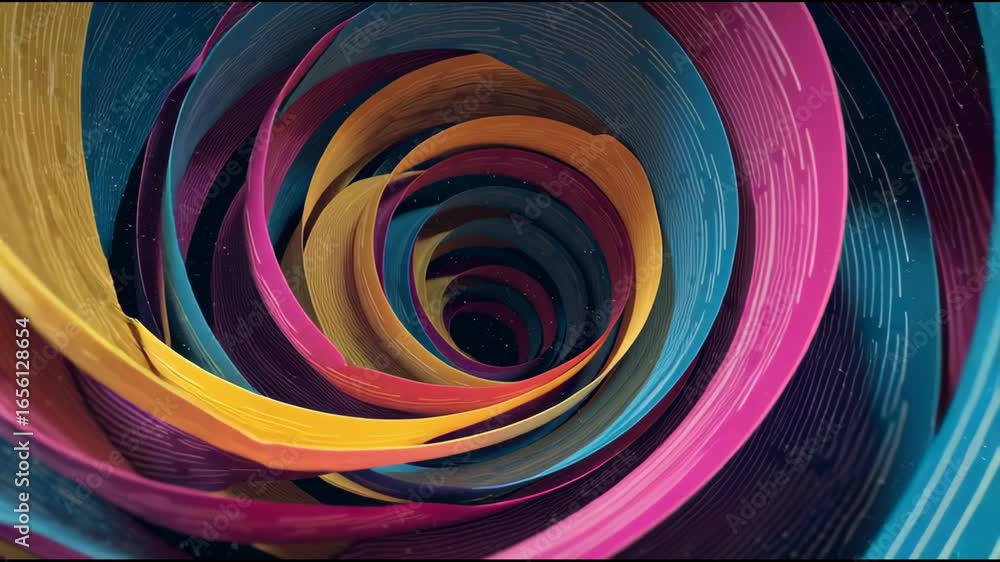 Poster a dynamic animated journey through a swirling vortex of colorful textured ribbons.