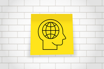 a yellow square card with a black minimalist icon of a human head containing a globe symbol inside....