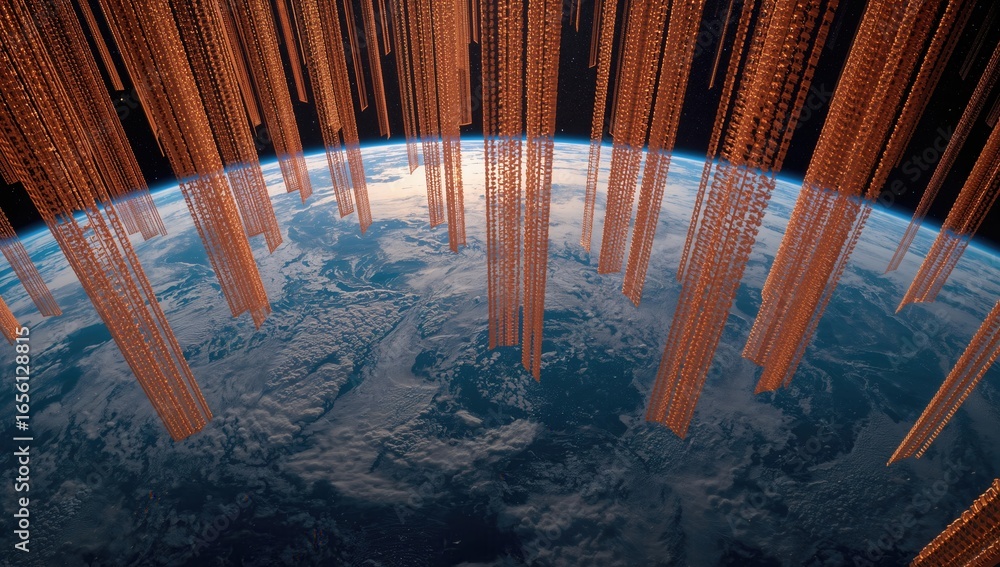 Aufkleber abstract view of earth from space with glowing vertical lines representing data transfer