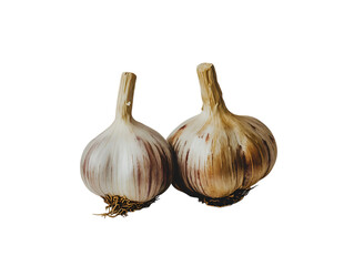 Obraz premium Two whole garlic bulbs with papery skins and roots isolated on transparent background