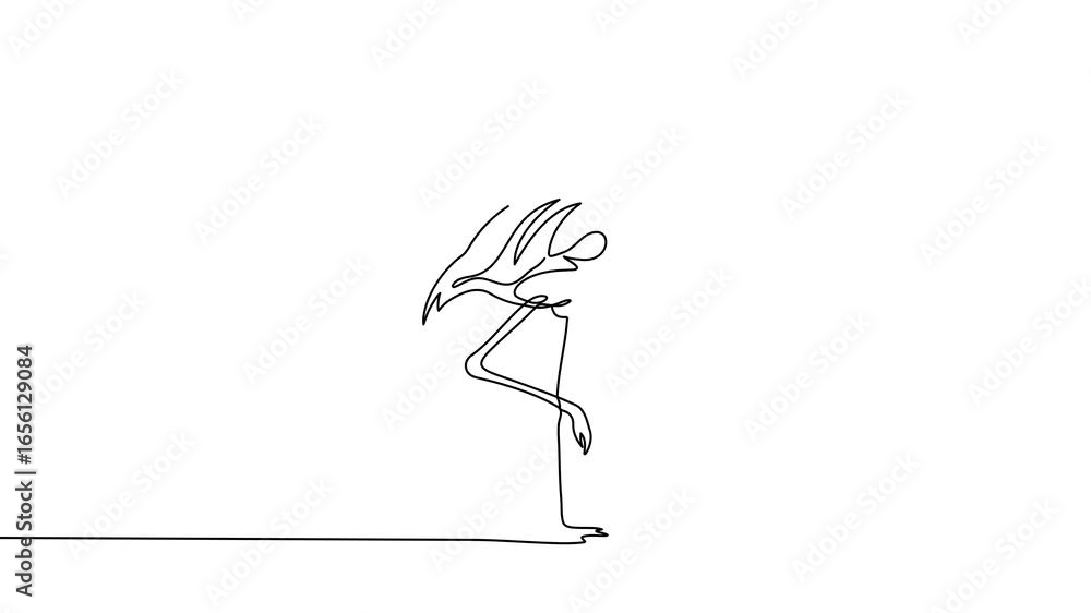Poster animation of a single line drawing of a flamingo. continuous contour movement of a flamingo. continu