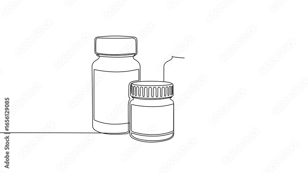 Poster animation of a single line drawing of medical bottles. continuous contour movement of medical bottle