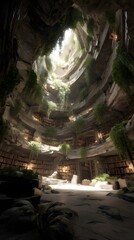 Grandiose circular stone library hidden within a sunlit cavern, with ancient shelves and overgrown vines cascading down.