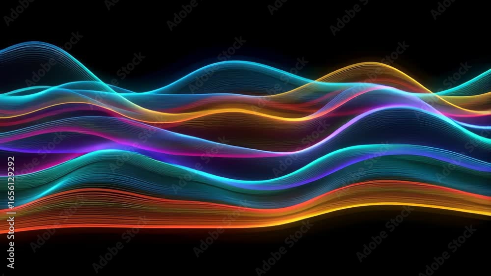 Poster dynamic flow of vibrant luminous rainbow light waves in a mesmerizing abstract animation.
