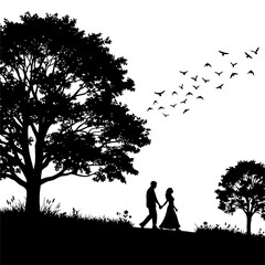 Silhouette of Romantic Couple Walking with Trees and Birds on White Background