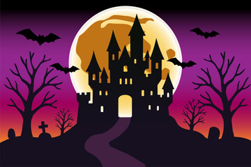 Spooky Halloween night with a castle on a hill under a full moon, flying bats and creepy dead trees. Vector illustration for greeting card, banner, poster or party invitation