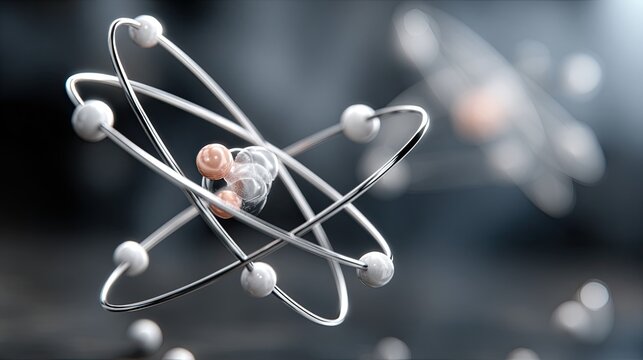Dynamic abstract background featuring an atom model, highlighting quantum entanglement and futuristic concepts of nuclear science
