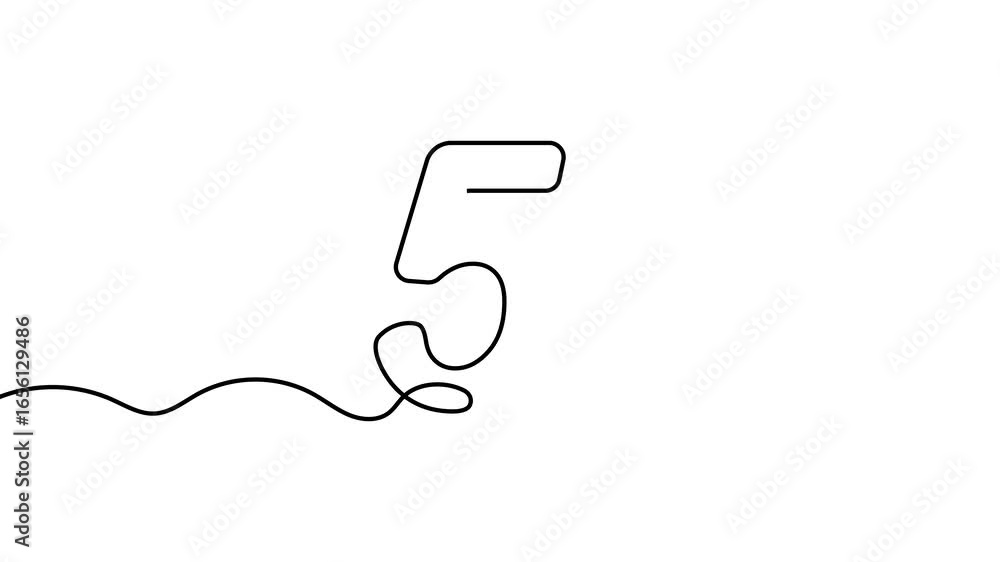 Poster animation of a single line drawing of the number 5. continuous contour movement of the number 5. con