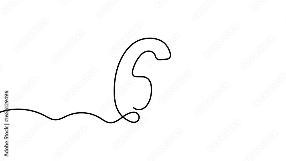 Poster animation of a single line drawing of the number 6. continuous contour movement of the number 6. con