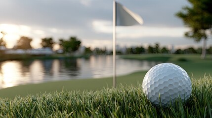 Golf ball positioned near the hole on green grass during sunset, offering ample space for customization and branding opportunities