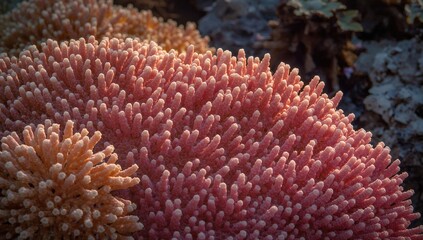 Close-up of vibrant coral reef with pink hues, showcasing underwater biodiversity in a rich marine ecosystem