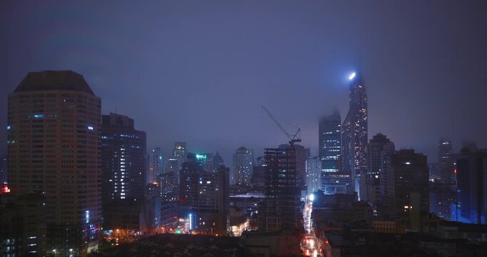 Shanghai, China. Nightlife City Traffic Time Lapse. Time-lapse Urban Skyline In Night Time Illumination. City Business Center. Smog Over City. Shanghai Waitan Residential District. Bright Blue Night