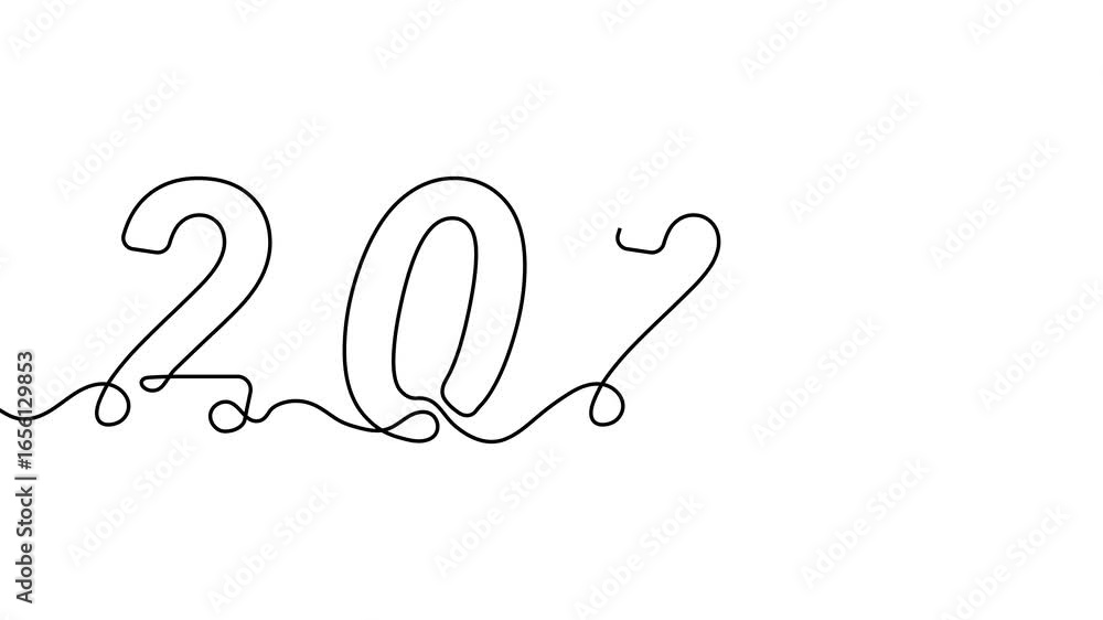 Aufkleber animation of a single line drawing of the numbers 2026. continuous contour movement of the numbers 2
