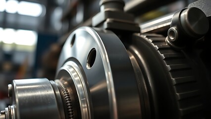 Fototapeta premium A close-up view of an industrial metal component with a polished surface, highlighting intricate details.