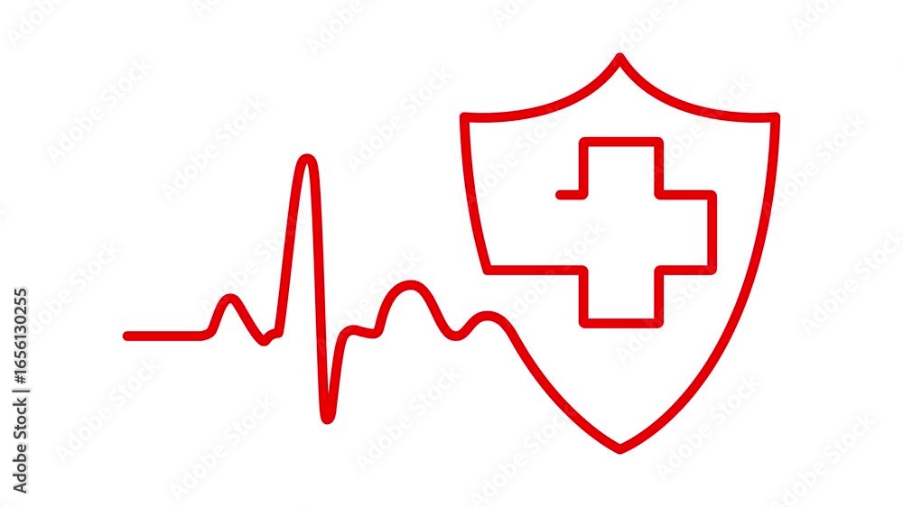 Aufkleber animation of a single line drawing of shield with pulse sign. continuous contour movement of a shiel