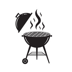 Black and white vector illustration of a bbq grill with smoke and open lid