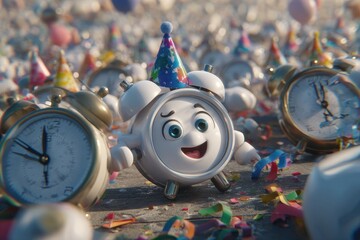 Animated clock character in a party setting